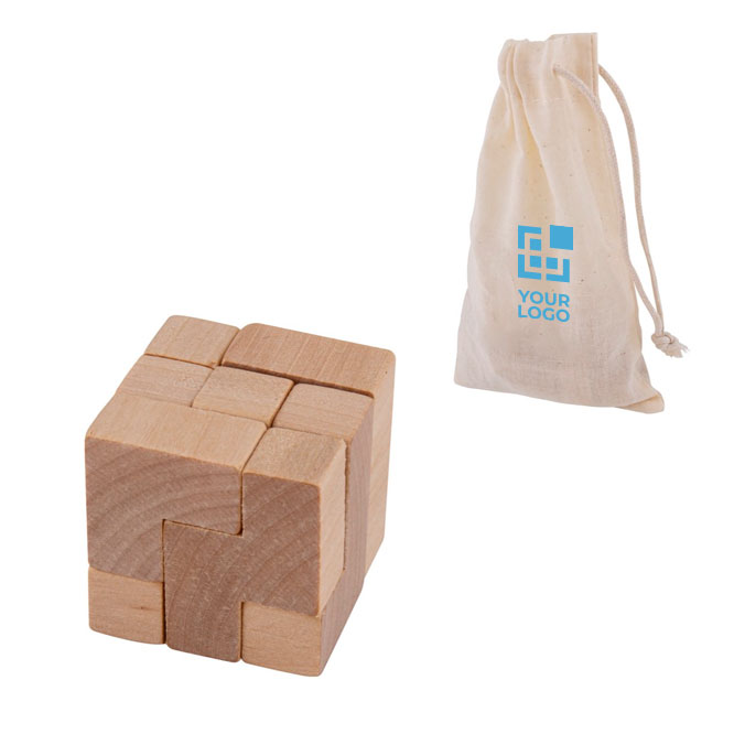 Puzzle publicitaire en bois dans une pochette en coton Astrum couleur bois avec zone d'impression