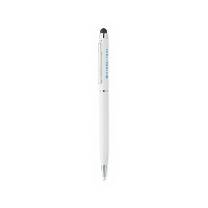 Stylo en aluminium avec traitement antibactérien, encre bleue couleur blanc vue avec zone d'impression