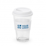 Mug take away en verre avec couvercle et bande 330ml Takeaway Cristal avec zone d'impression