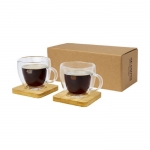 Lot de 2 petites tasses à café avec base en bambou 100ml Espresso couleur transparent vue avec impression sérigraphique