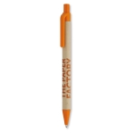 Stylos publicitaires biodégradables avec détails colorés, Encre bleue couleur orange troisième vue principale