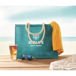 Sac caabas personnalisé ou de plage avec poignées courtes Jute Ibiza couleur turquoise vue d'ambiance principale