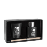 Coffret aromatique avec diffuseur 50 ml et bougie parfumée Wellness couleur noir avec zone d'impression