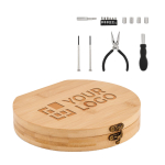 Kit multi-outils dans un coffret en bambou rond Round couleur bois vue avec zone d'impression