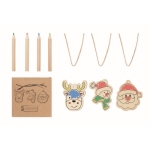 Set de 3 ornements de Noël en bois et crayons présentés dans une boîte couleur bois vue principale