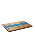 Planche à découper en bois d´acacia avec détails en résine époxy bleue couleur bois vue avec zone d'impression