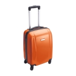 Valise trolley, roues pivotantes, cadenas numéroté, plaque métallique couleur orange première vue