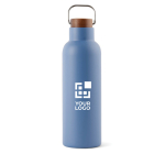 Bouteille thermos en inox recyclé à bouchon en bois et poignée 800ml couleur bleu avec zone d'impression