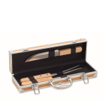 Coffret aspect bois avec 3 ustensiles pour barbecue couleur bois vue avec zone d'impression