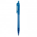 Stylo transparent en plastique avec détail sur le bouton-poussoir couleur bleu transparent troisième vue