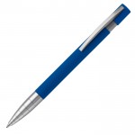 Stylo à bouton-poussoir en aluminium toucher doux et pointe métallisée couleur bleu foncé