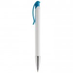 Stylo en plastique blanc avec détails sur le bouton-poussoir couleur turquoise troisième vue