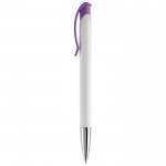 Stylo en plastique blanc avec détails sur le bouton-poussoir couleur violet troisième vue