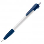 Stylo blanc avec clip original et poignée texturée couleur bleu foncé