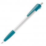 Stylo blanc avec clip original et poignée texturée couleur turquoise