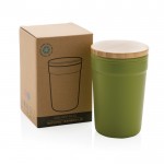 Mug promotionnel avec couvercle en bambou couleur vert foncé vue avec boîte