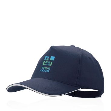 Casquette colorée avec ligne noire sur visière vue avec zone d'impression