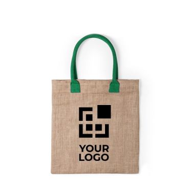 Tote bag en jute avec anses colorés vue avec zone d'impression