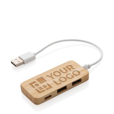 Hub USB 2.0 avec port de type C en bambou et câble avec logo Bamboo