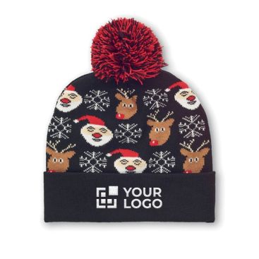 Bonnet de Noël tricoté en acrylique élastique, revers et pompon