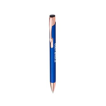 Stylo métallique mat avec détails en or rose, mine bleue