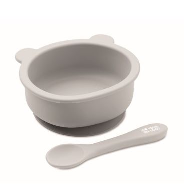 Set pour bébé bol à base ventouse et cuillère en silicone vue avec zone d'impression