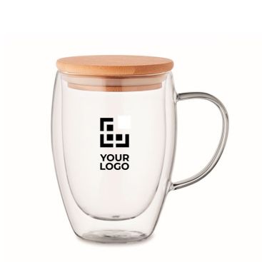 Mug à anse en verre double paroi, couvercle en bambou 300 ml