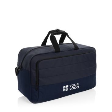 Sac de voyage en RPET à grand compartiment et sangle trolley couleur bleu marine avec zone d'impression