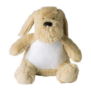 Chien en peluche avec yeux brodés, étiquette personnalisable couleur beige première vue