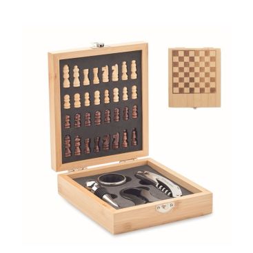 Coffret en bambou comprenant un petit jeu d'échecs et un set de vin