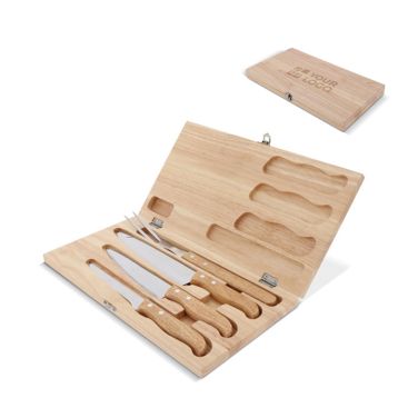 Coffret en bois avec 3 couteaux et une fourchette pour barbecue avec zone d'impression