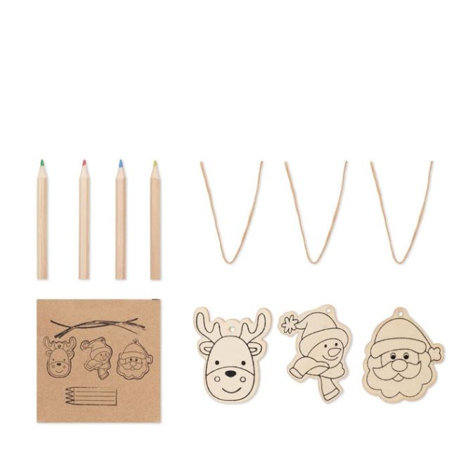 Set de 3 ornements de Noël en bois et crayons présentés dans une boîte vue avec zone d'impression