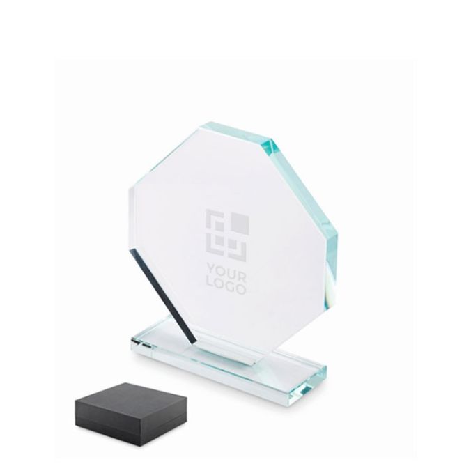 Trophée octogonal en verre avec base rectangulaire assortie