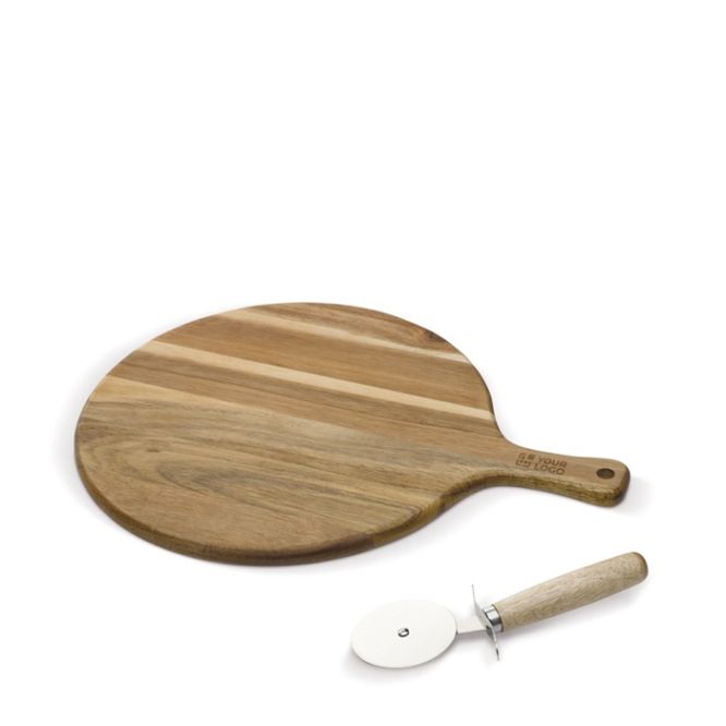 Planche en bois d'acacia pour pizza avec coupe-pizza inclus avec zone d'impression