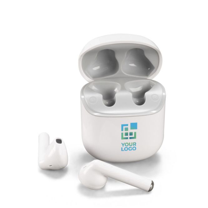 Classiques écouteurs True Wireless Stereo dans étui de charge blanc avec zone d'impression