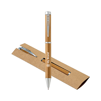 Stylo en bambou avec mécanisme rotatif et clip en métal, encre bleue