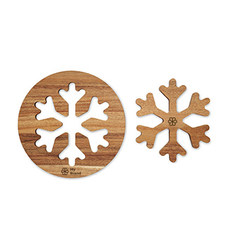 Set de 2 sets de table en bois d'acacia en forme de flocon de neige vue avec zone d'impression